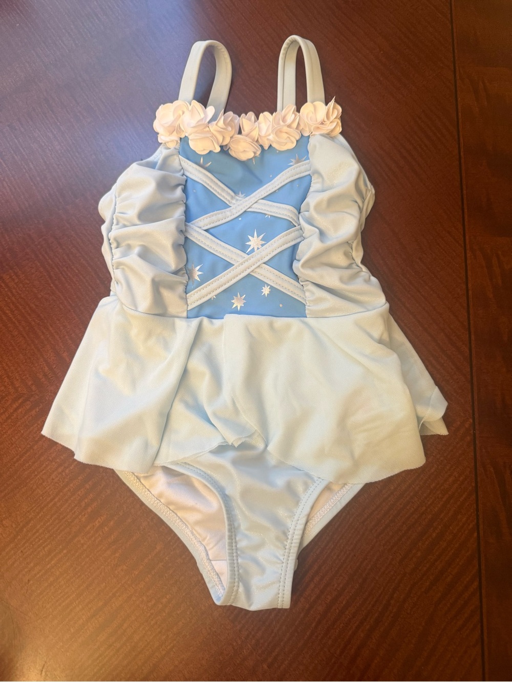 Ruffle Butts Pale Blue Star-Print Ruffle Skirt One-Piece with Pink Flower Trim